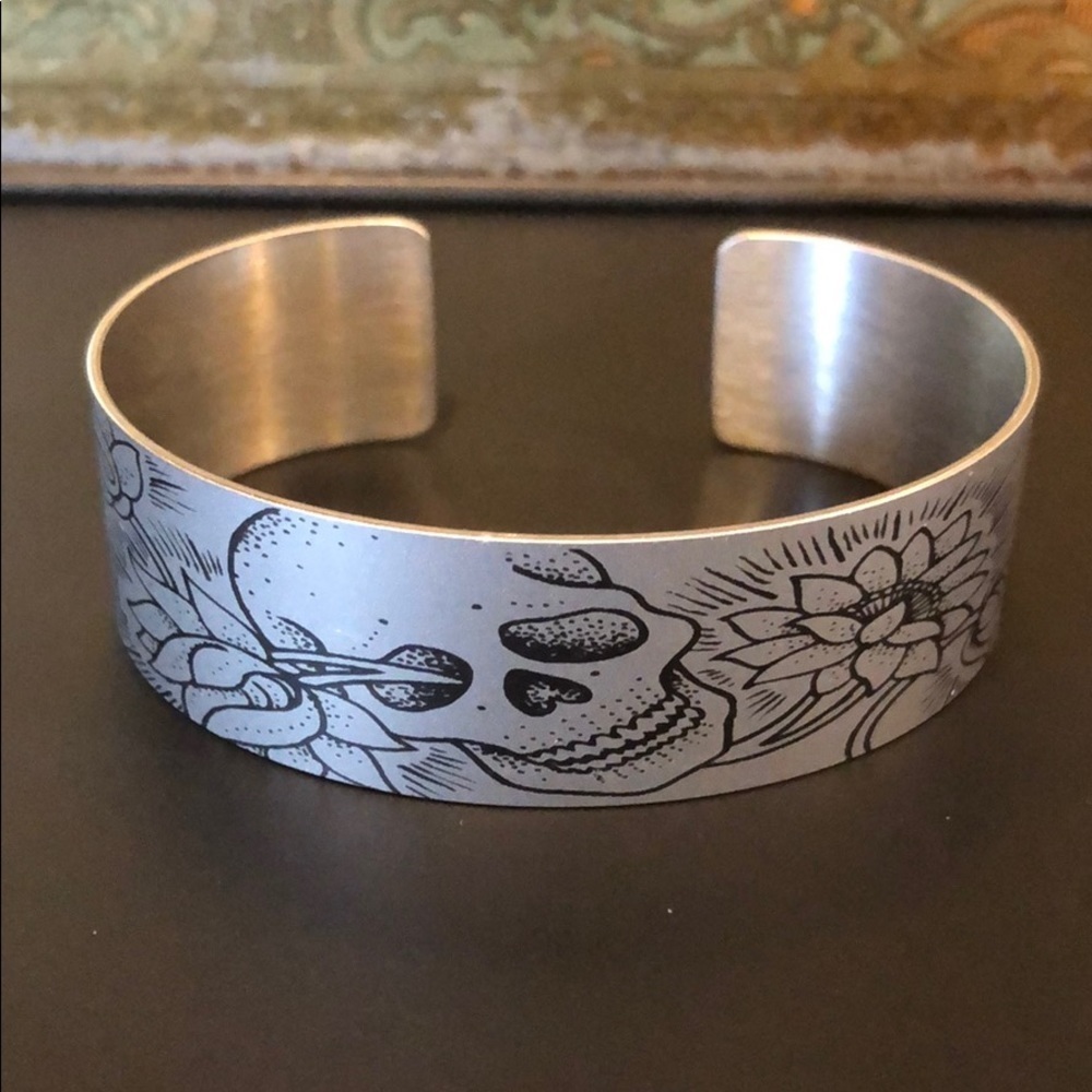 Tattooed Steel skull and flower cuff bracelet M